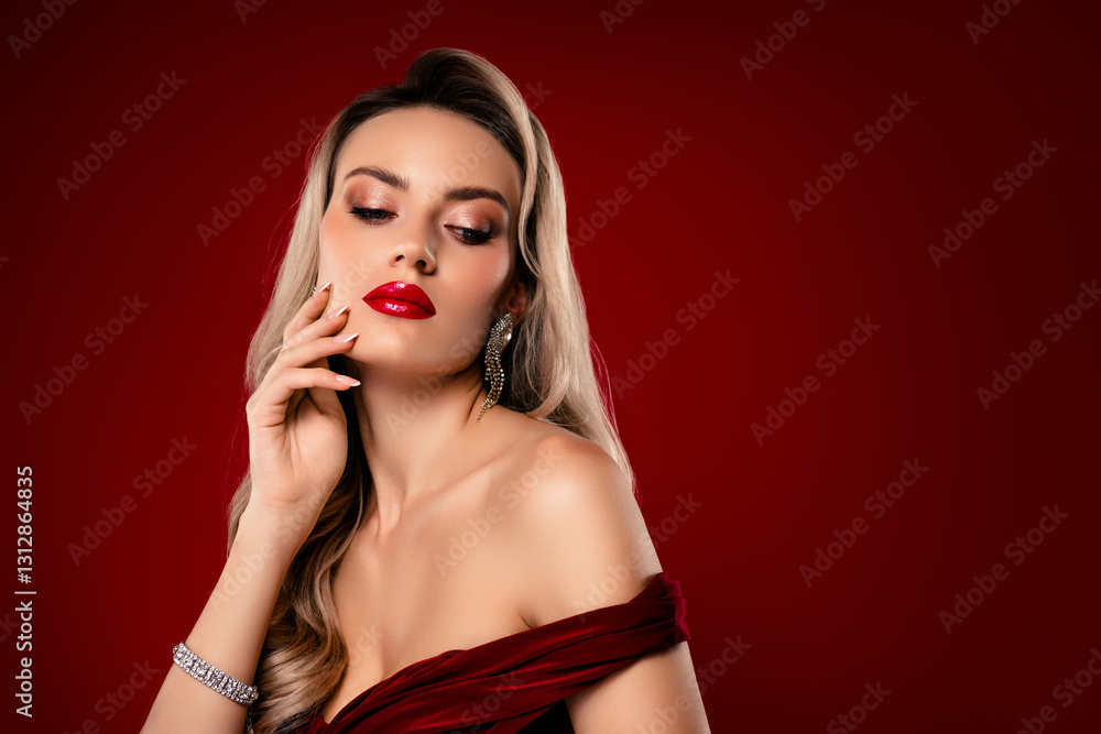 Stylish woman in red dress with blond hair showcasing luxury and beauty Stylish woman in red dress with blond hair showcasing luxury and beauty
