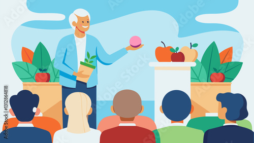 An engaging lecture on the importance of proper nutrition for senior citizens at a conference dedicated to Healthy Aging.. Vector illustration