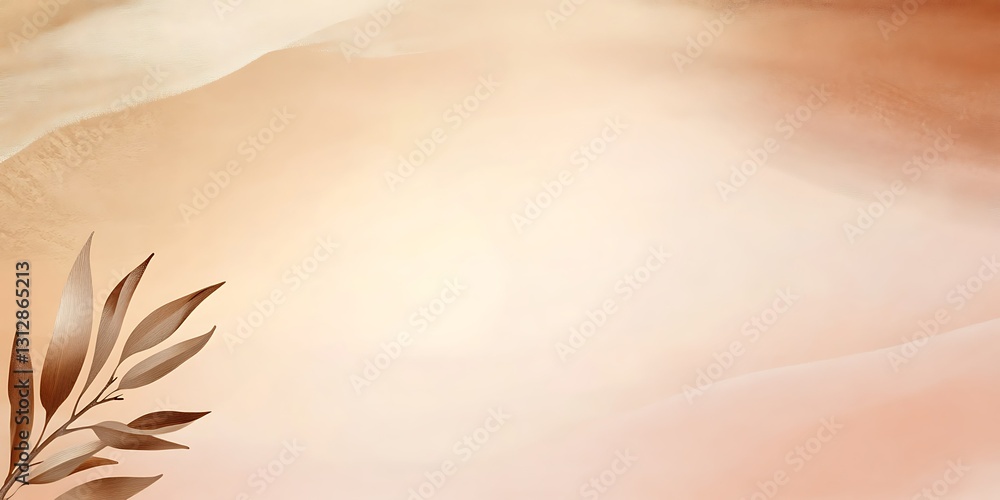 Fototapeta premium Abstract art featuring a branch with brown leaves on a soft, peachy background. Subtle curves and gradients create a calming mood