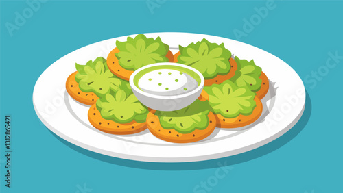 Zucchini fritters served with a tangy tzatziki sauce for a light and flavorful appetizer.. Vector illustration