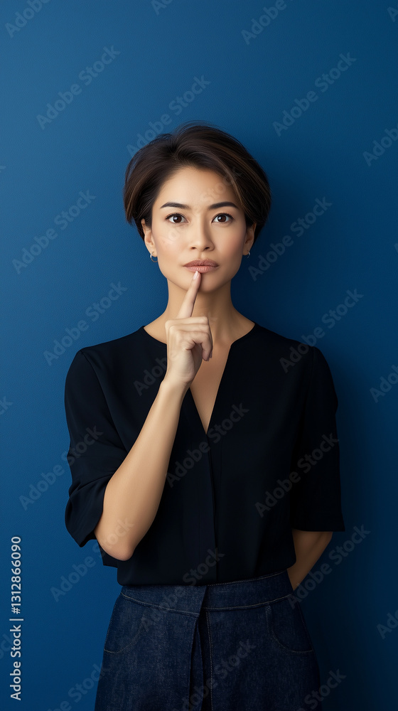 Professional asian woman silencing with finger on lips, sporting short hairstyle and black blouse with blue skirt, standing against vivid blue background Professional asian woman silencing with finger on lips, sporting short hairstyle and black blouse with blue skirt, standing against vivid blue background