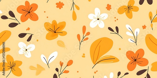 Seamless pattern with orange and white flowers on a pale yellow background