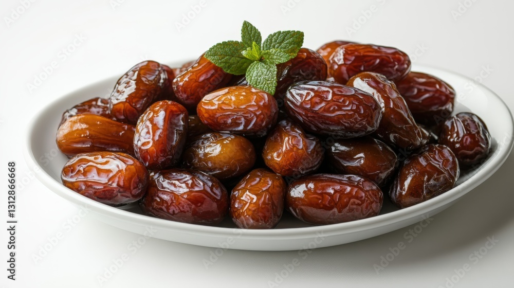 Fresh halal dates arranged beautifully on a minimalist dish against a white background Fresh halal dates arranged beautifully on a minimalist dish against a white background