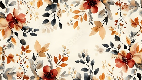 Watercolor floral border with autumnal hues.  Cream background