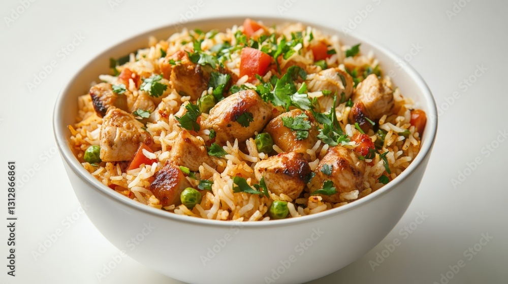 Aromatic halal chicken biryani served in a bowl with fresh herbs and spices Aromatic halal chicken biryani served in a bowl with fresh herbs and spices
