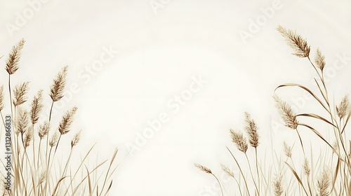 Delicate brown grasses frame a soft, white background, creating a serene and minimalist nature scene