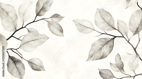 Elegant grayscale illustration of delicate leaves and branches, arranged symmetrically on a soft background
