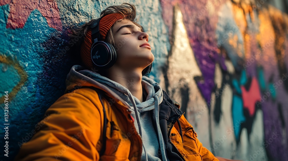 Obraz premium A relaxed young person enjoys music against a colorful wall