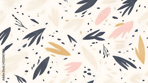 Abstract floral pattern with pastel leaves and twigs on off-white background