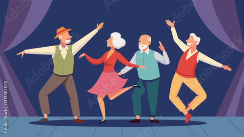 On stage a group of senior actors flawlessly exee a physically demanding dance routine disproving the misconception that aging means losing grace and agility.. Vector illustration
