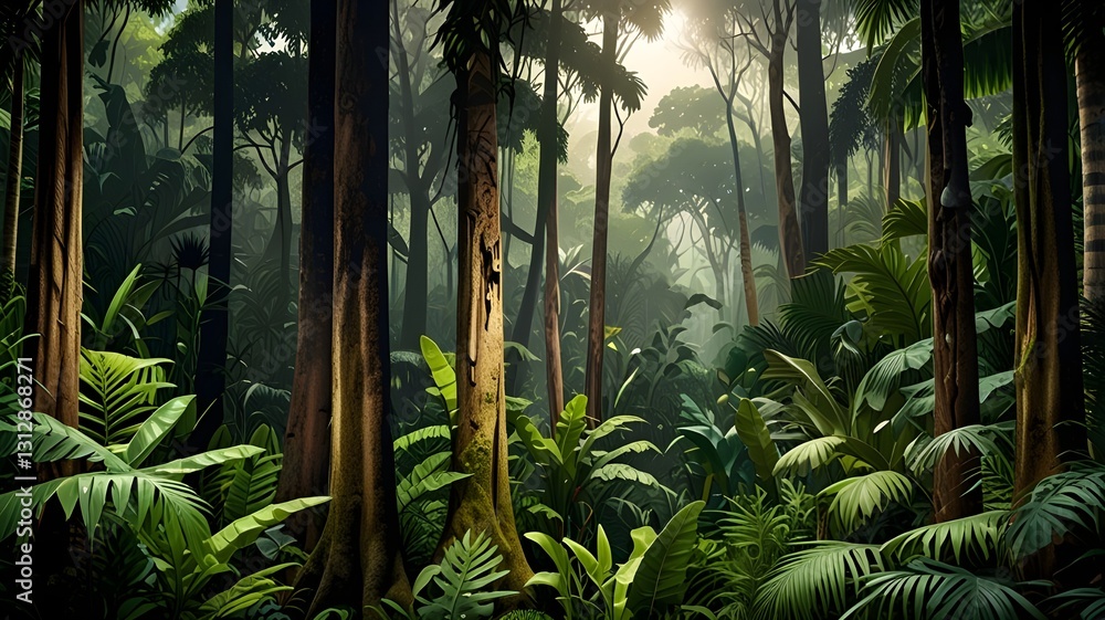 Naklejka premium illustration of a tropical forest with various trees and wildlife