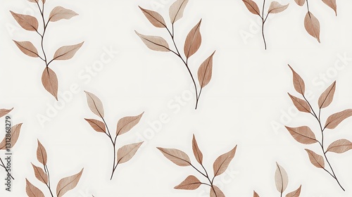 Subtle brown leaves pattern on a white background. Simple, elegant design