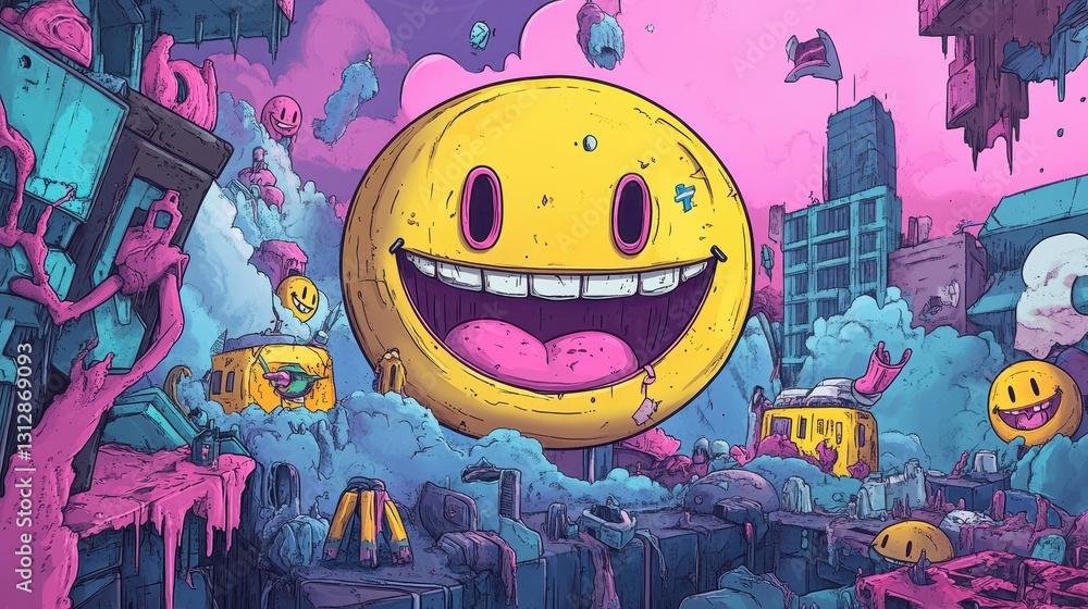 Obraz premium A giant smiling face dominates a whimsical colorful dreamscape world