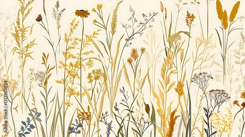 Detailed illustration of various dried wildflowers and grasses in warm tones against a pale background