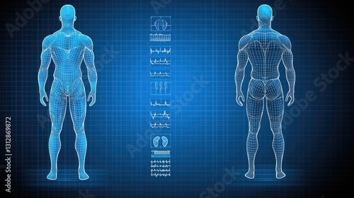 Wireframe body anatomy diagram on grid background for medical or fitness industries