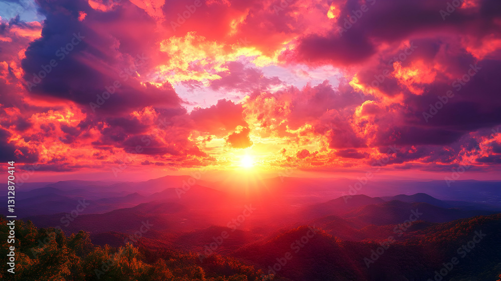 Fototapeta premium Fiery Sunset Over Mountains Dramatic Landscape