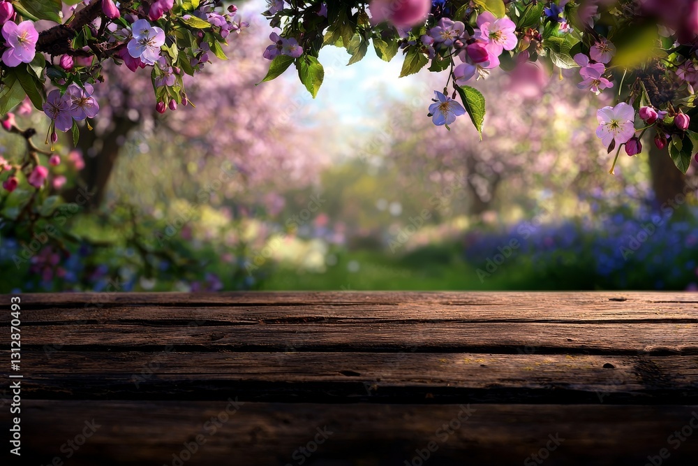 A rustic table sits empty in the foreground of a blurred green spring backdrop, evoking ideas of product showcases and picnic settings A rustic table sits empty in the foreground of a blurred green spring backdrop, evoking ideas of product showcases and picnic settings