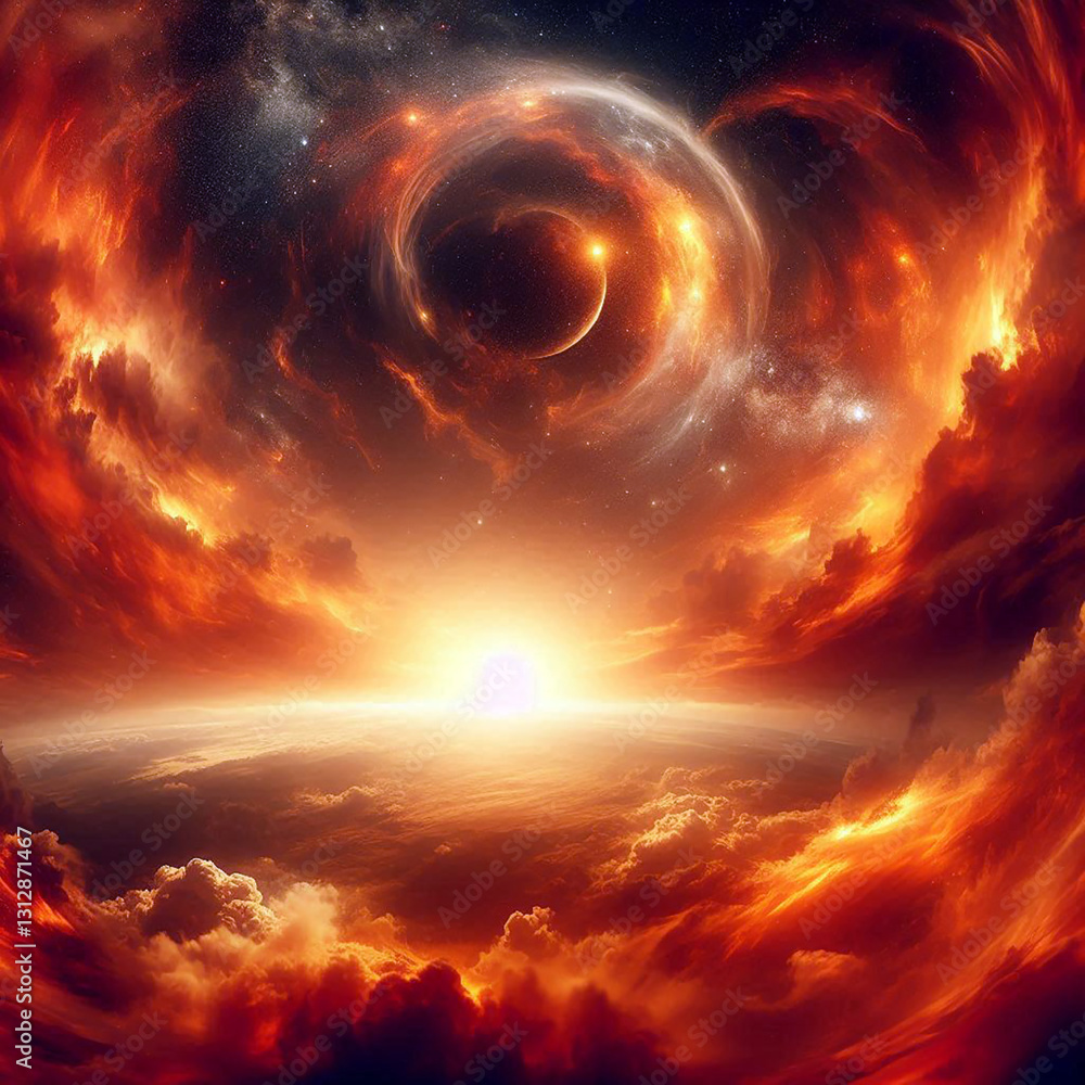 Fototapeta premium Fiery Sunset Dramatic Sky Sci-Fi Fantasy Galaxy & Black Hole Panorama 
