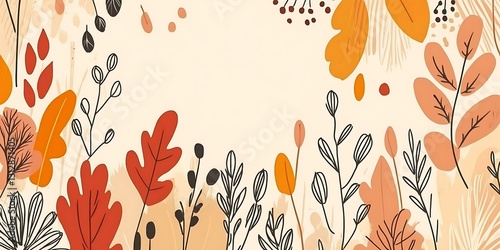 Autumnal leaves and plants in warm tones.  Cream background