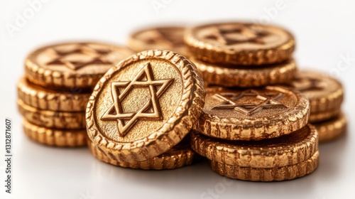 Halal tabbouleh salad and golden Hanukkah gelt chocolate coins on white background photo
