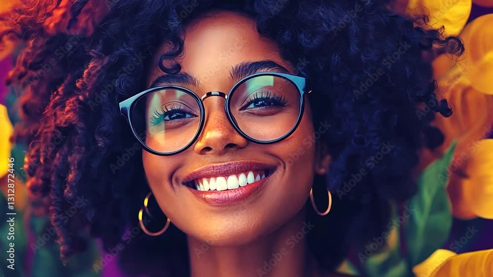 Portrait of a Happy Woman with Curly Hair and Glasses Portrait of a Happy Woman with Curly Hair and Glasses