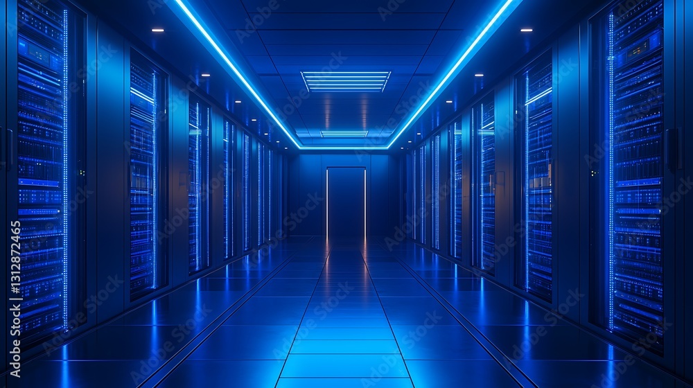 Futuristic Server Room: Blue Neon Lights Illuminate High-Tech Data Center Futuristic Server Room: Blue Neon Lights Illuminate High-Tech Data Center