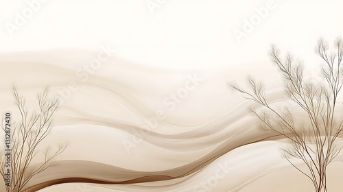 Abstract landscape with flowing lines and delicate, leafless trees. Soft, neutral color palette. Serene and minimalist aesthetic