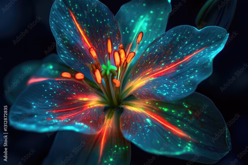 A hyper detailed macro shot of a neon flower with streaks of red and green bioluminescence on its petals A hyper detailed macro shot of a neon flower with streaks of red and green bioluminescence on its petals