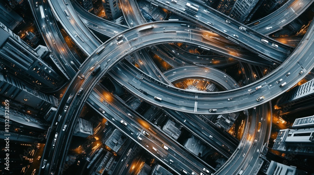 Aerial view of a complex highway interchange illuminated at night. Aerial view of a complex highway interchange illuminated at night.