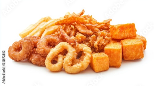 Assorted Fried Snacks on White Background for Culinary Presentation, Featuring Crispy Treats Ideal for Food Photography and Gourmet Showcasing in Culinary Arts and Snack Culture. photo