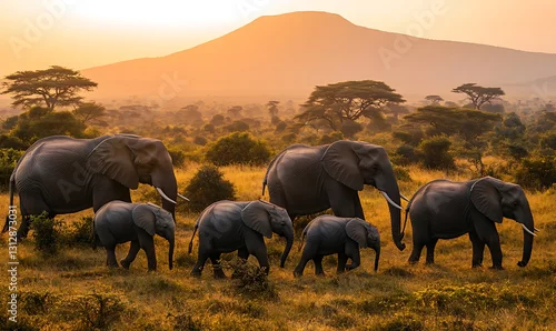 Naklejka na ścianę African Elephant Family at Sunset in the Savanna