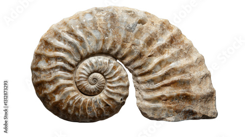 Ammonite fossil showing spiral shell structure on transparent background