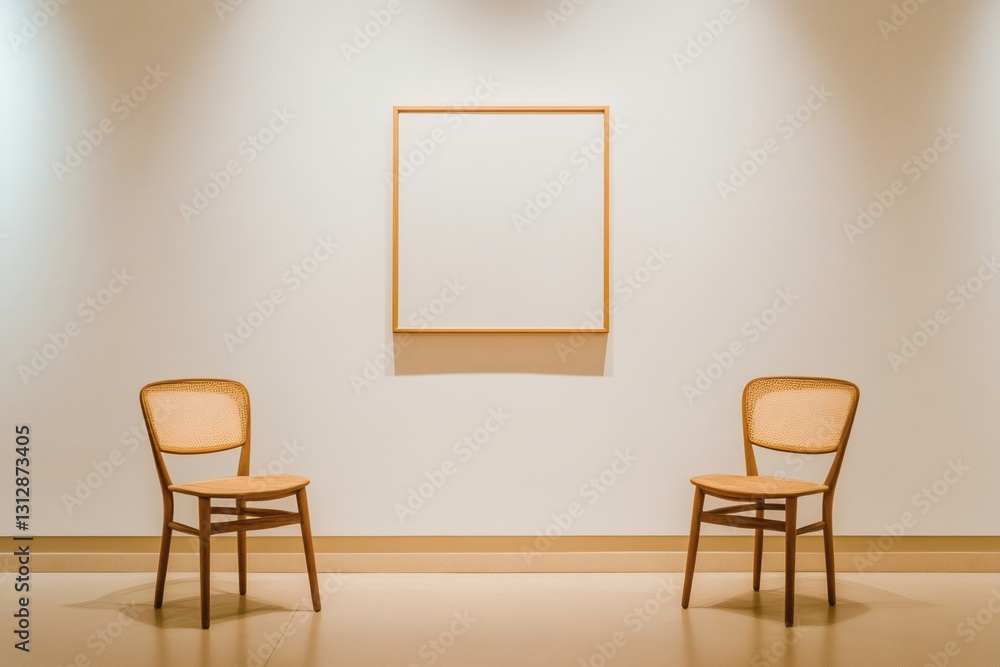 Minimalist gallery scene featuring blank frame and chairs inviting contemplation