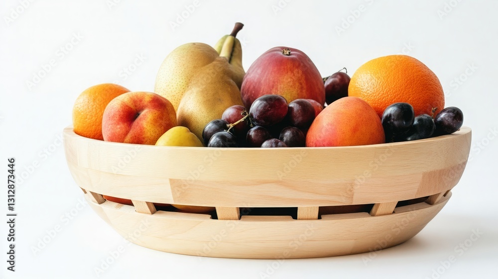 Assorted Fruits in a Wooden Bowl on a White Background - Perfect for Kitchen Decor or Healthy Living Promotions Assorted Fruits in a Wooden Bowl on a White Background - Perfect for Kitchen Decor or Healthy Living Promotions