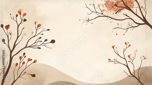 Serene autumnal landscape with minimalist trees and muted colors