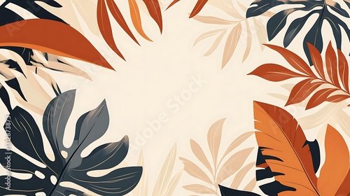 Tropical leaves border on beige background.  Space for text