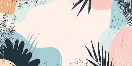 Abstract pastel background with tropical leaves and organic shapes