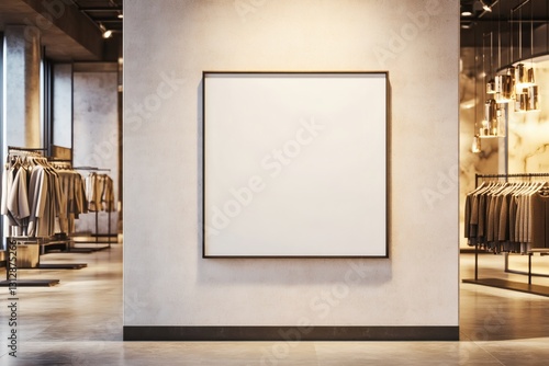 Elegant clothing store interior with blank square frame for promotional display