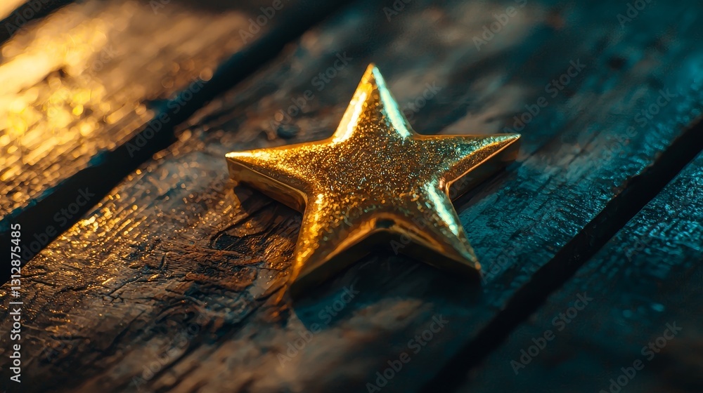 Modern star-shaped golden award with glossy finish, sitting on a rustic wooden table, glowing in vibrant cinematic lighting Modern star-shaped golden award with glossy finish, sitting on a rustic wooden table, glowing in vibrant cinematic lighting