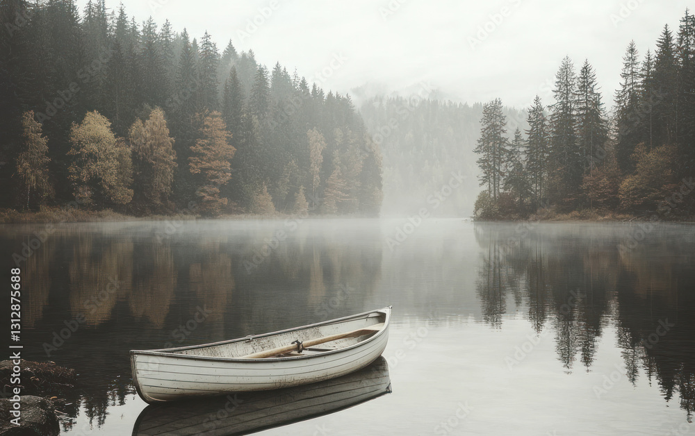 White Rowboat on Misty Lake Surrounded by Autumnal Forest White Rowboat on Misty Lake Surrounded by Autumnal Forest