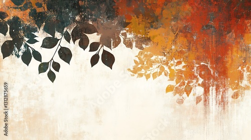 Autumnal leaves and branches on textured background