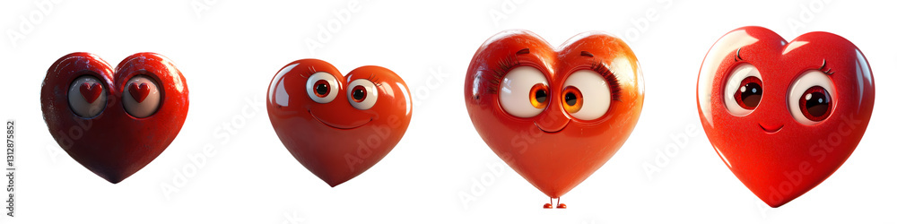 Obraz premium Cute Cartoon Heart Characters with Funny Expressions - Playful and Romantic Love Emoji Stickers - Isolated on Transparent Background