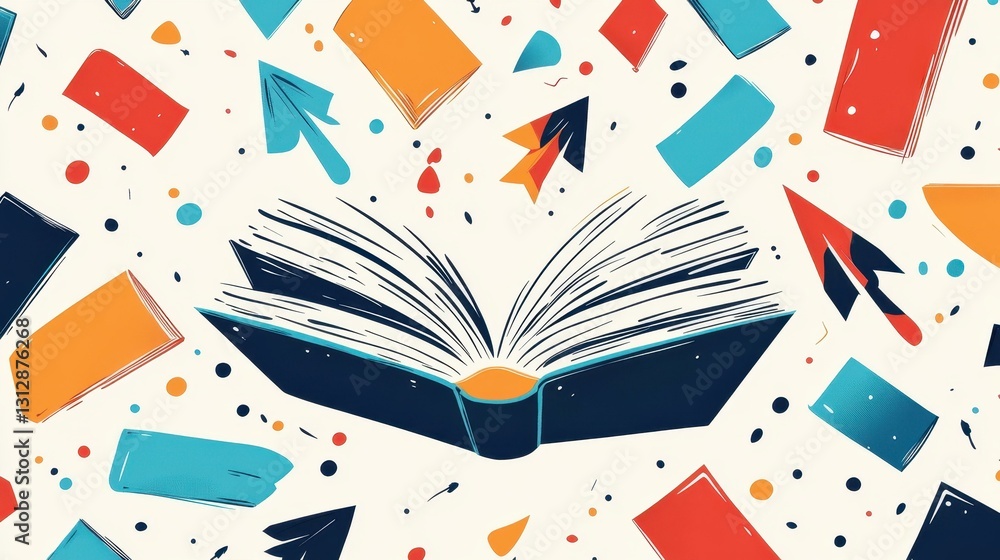 A vibrant banner showcasing flying books and arrows, symbolizing education and the quest for knowledge in a minimalist style. A vibrant banner showcasing flying books and arrows, symbolizing education and the quest for knowledge in a minimalist style.