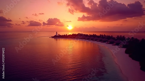 Tropical Island Resort at Sunset with Lighthouse and Ocean View