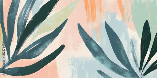 Abstract painting of stylized leaves in soft pastel colors on a light background