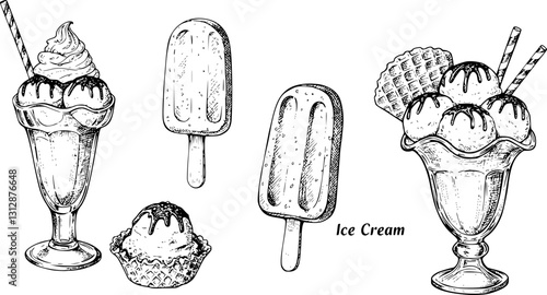 Ice cream vector sketch desserts. Hand drawn wafer cone, gelato, chocolate glazed, sundae, and ice cream served in a glass bowl. Transparent background PNG cutout