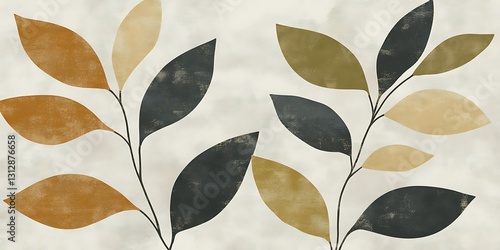 Abstract art featuring two stylized branches with leaves in muted earth tones against a light beige background