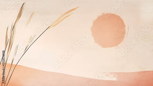 Minimalist art depicting dried grass against a peachy sunset backdrop. Simple, serene landscape