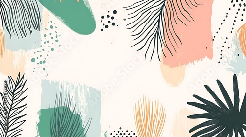 Abstract art featuring pastel-colored brushstrokes and stylized tropical leaves, creating a vibrant, summery aesthetic