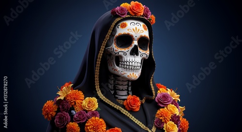 Decorated Skull Figure for Day of the Dead Celebration with Flowers